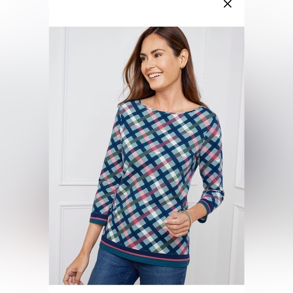 Talbots PIMA BATEAU NECK TEE -‎ DIAMOND PLAID SZ L boho